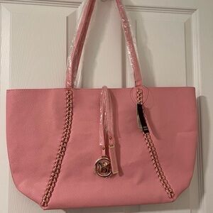 Badgley Mischka Decorative Chain Pebbled Tote Blush NWT